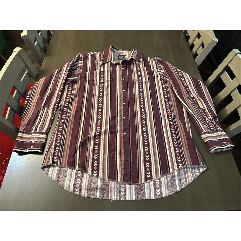 Wrangler 90s Brushpopper Southwestern Maroon Aztec Stripe Mens XL Pearl Snap